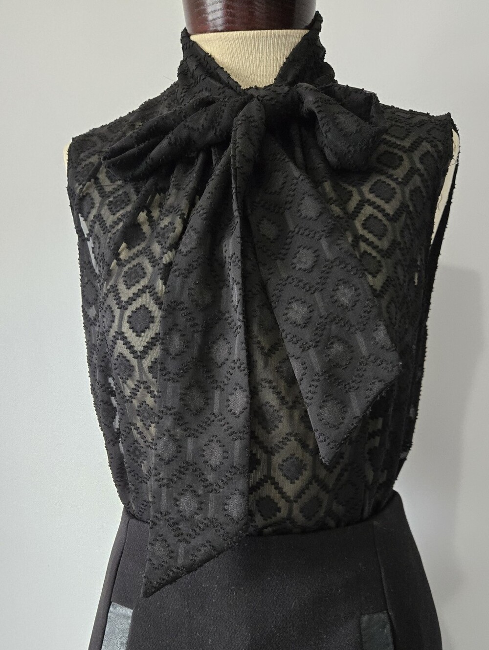 SANDRA ANGELOZZI Sheer Black Bow Neck Sleeveless Blouse. Size Small